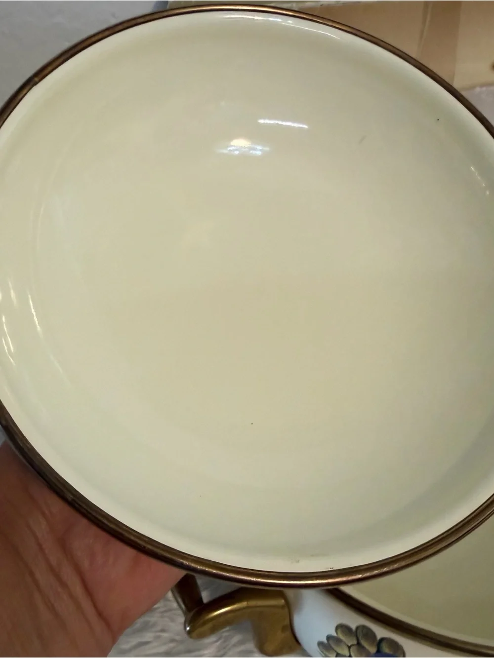 Vintage CORNUCOPIA Enamel Pot w/ Lid Fruit Pattern Brass Hardware